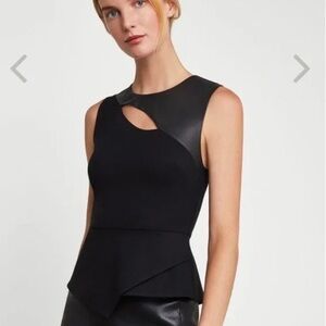 BCBG Maxazria Farrah Asymmetrical Top Ponte Faux Leather Peplum Top